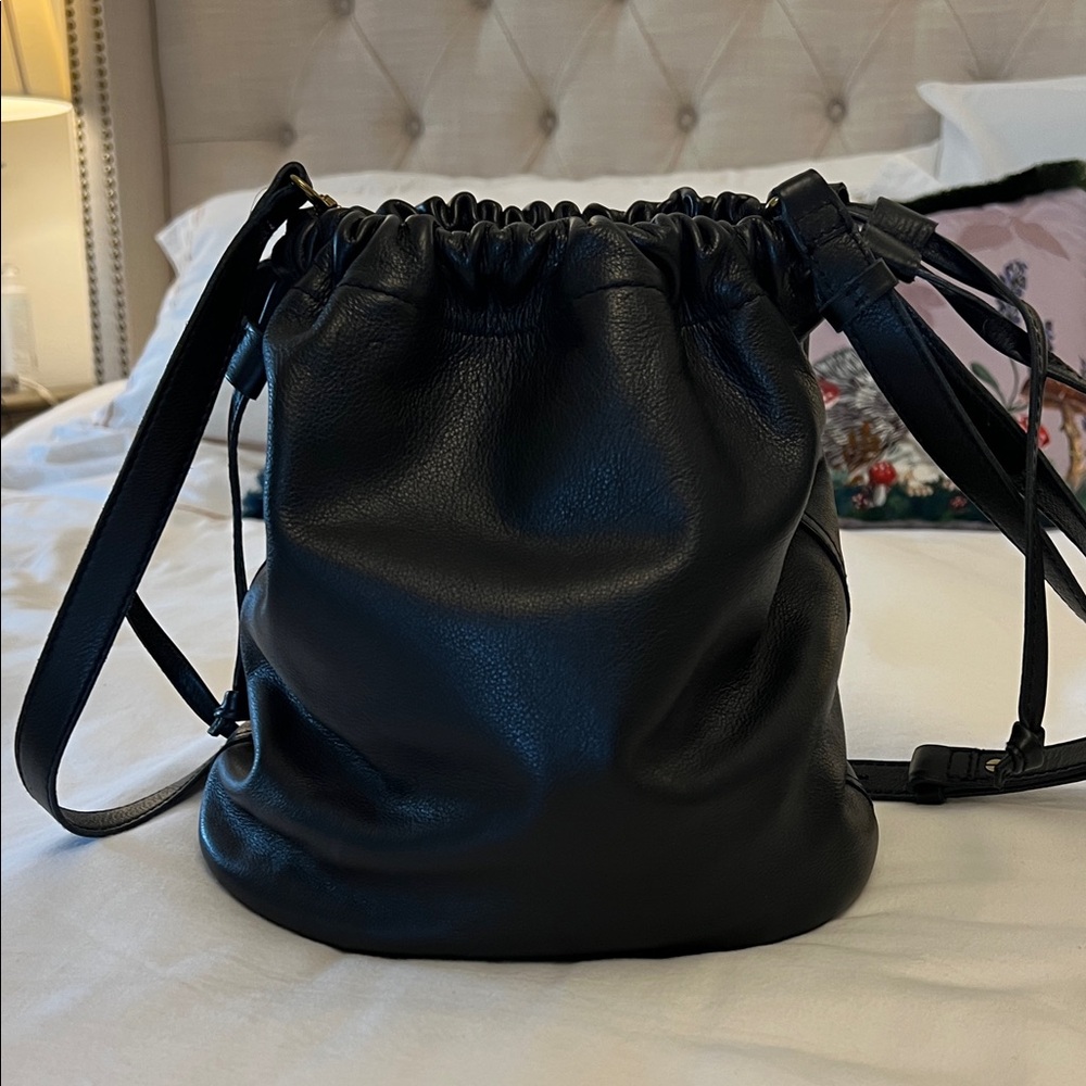 J Crew Black Leather Drawstring Bag